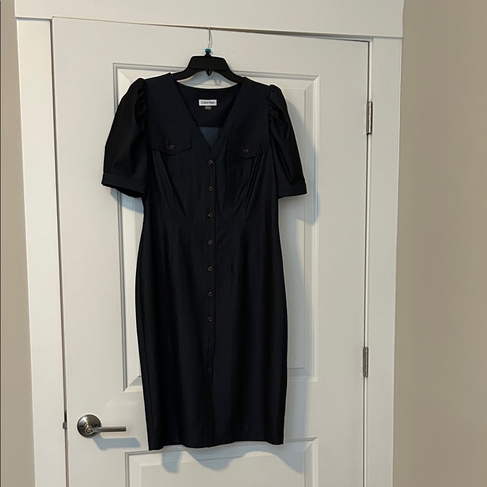 Calvin Klein Blue Denim Look Midi Dress with Button Detail